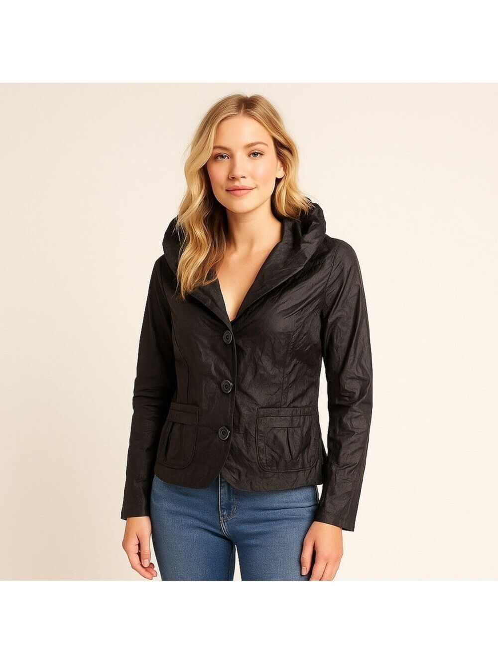 Joseph Ribkoff Crinkled Black Jacket Hooded Collar Size 10 Canada